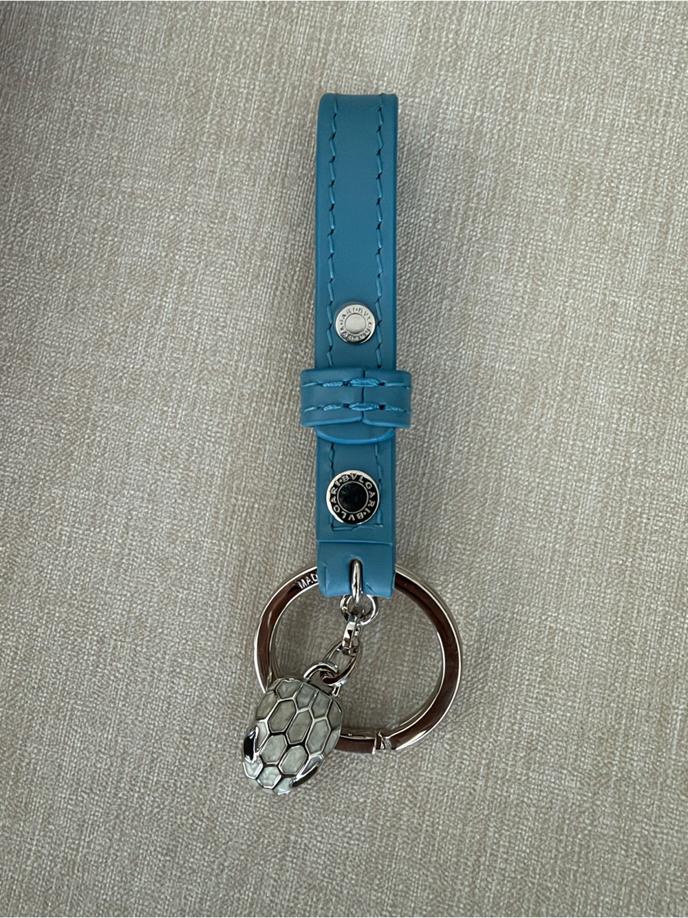Bulgari Teal Leather Strap Key Holder with Silver Serpent Charm